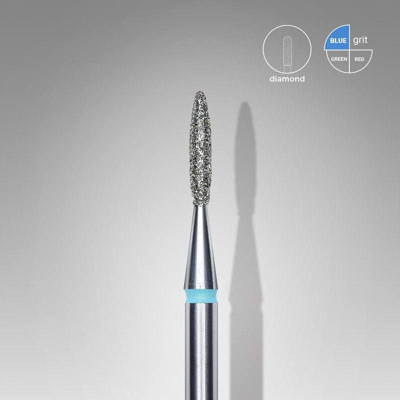 Diamond nail drill bit Staleks, pointed “flame”, blue, head diameter 1.6 mm/ working part 8 mm