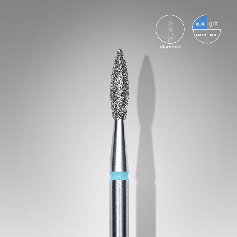 Diamond nail drill bit, pointed “flame” Staleks, blue, head diameter 2.1 mm/ working part 8 mm