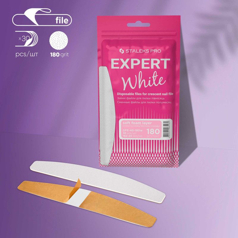 White disposable files for crescent nail file (soft base) Staleks Pro Expert 40, 180 grit (30 pcs)