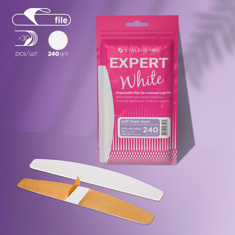 White disposable files for crescent nail file (soft base) Staleks Pro Expert 40, 240 grit (30 pcs)