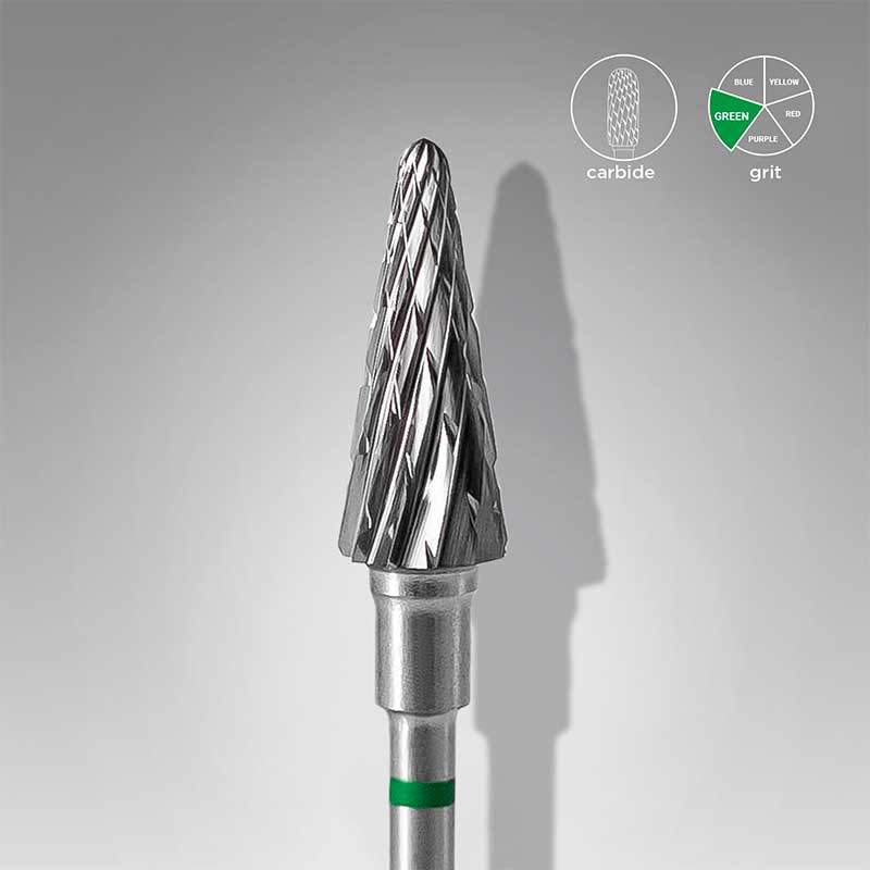Carbide nail drill bit Staleks, “frustum”, green, head diameter 6 mm/ working part 14 mm