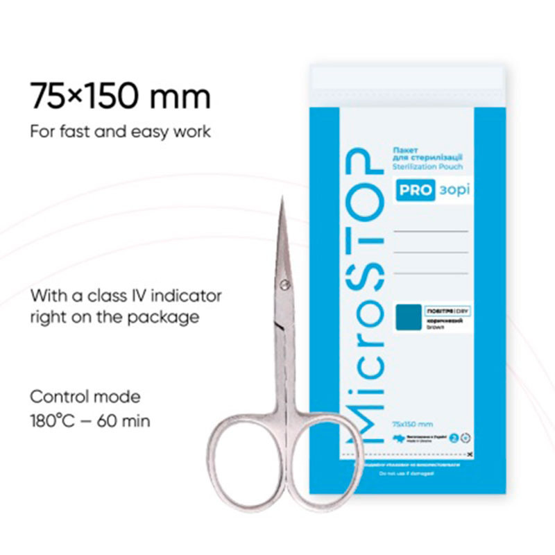 Läbipaistvad steriliseerimiskotid 75×150 mm klassi 4 indikaatoriga MicroStop - 100 tk